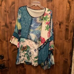 Paris Teal & Floral Patchwork Ruffle-Sleeve Tunic